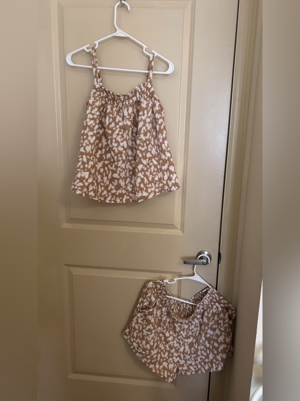 Tan and White Printed Two-Piece Tank and Short Set